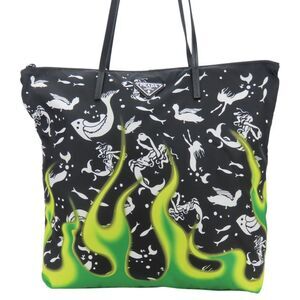 Prada Mermaid Tote Bag, Nylon and Leather, Black Green, Shoulder Fire Pattern...
